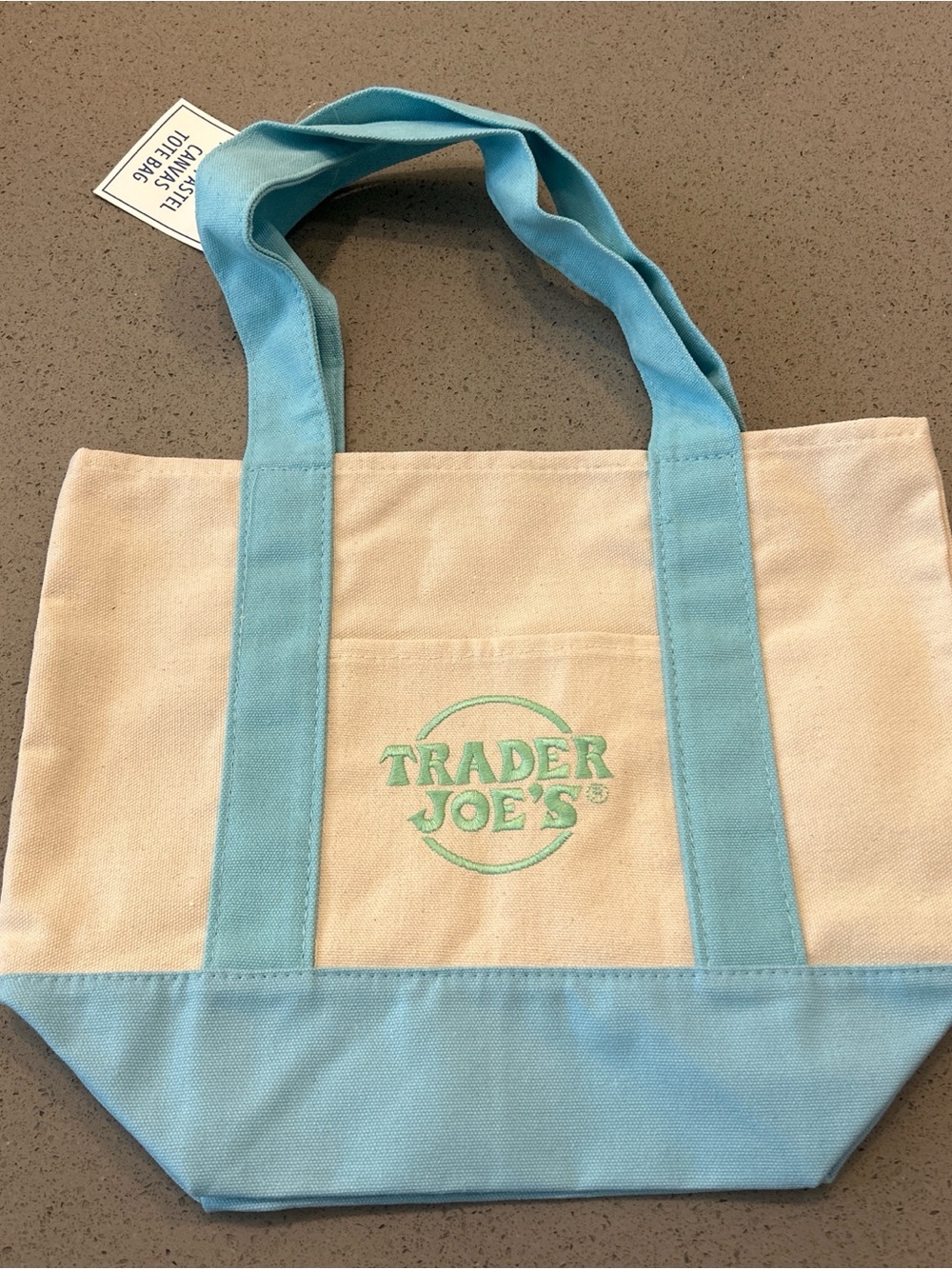 Trader Joe's Cream and Light Blue Canvas Tote Bag
